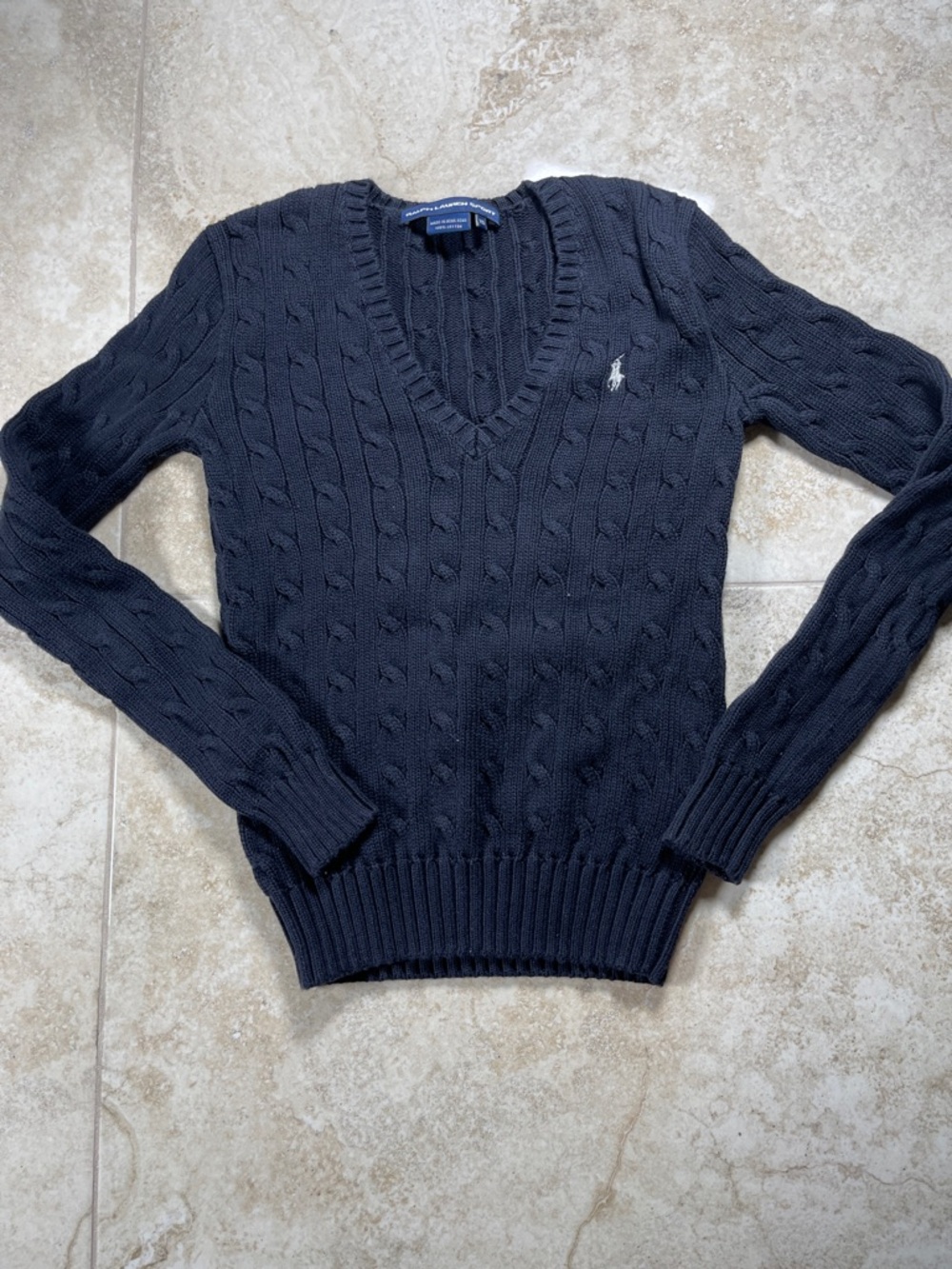 Ralph Lauren Sport Black Cable-Knit V-Neck Sweater XS